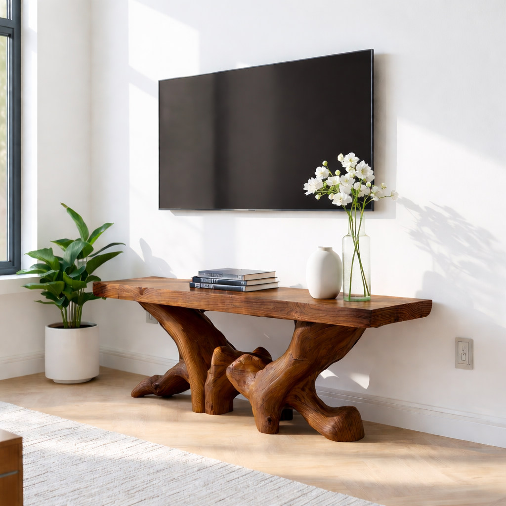 Rustic Solid Wood TV Stand Sculptural Media Console Natural Wood Entertainment Table