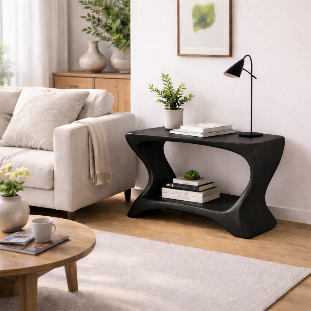 Modern Solid Wood End Table with Shelf – Curved Wooden Side Table for Living Room
