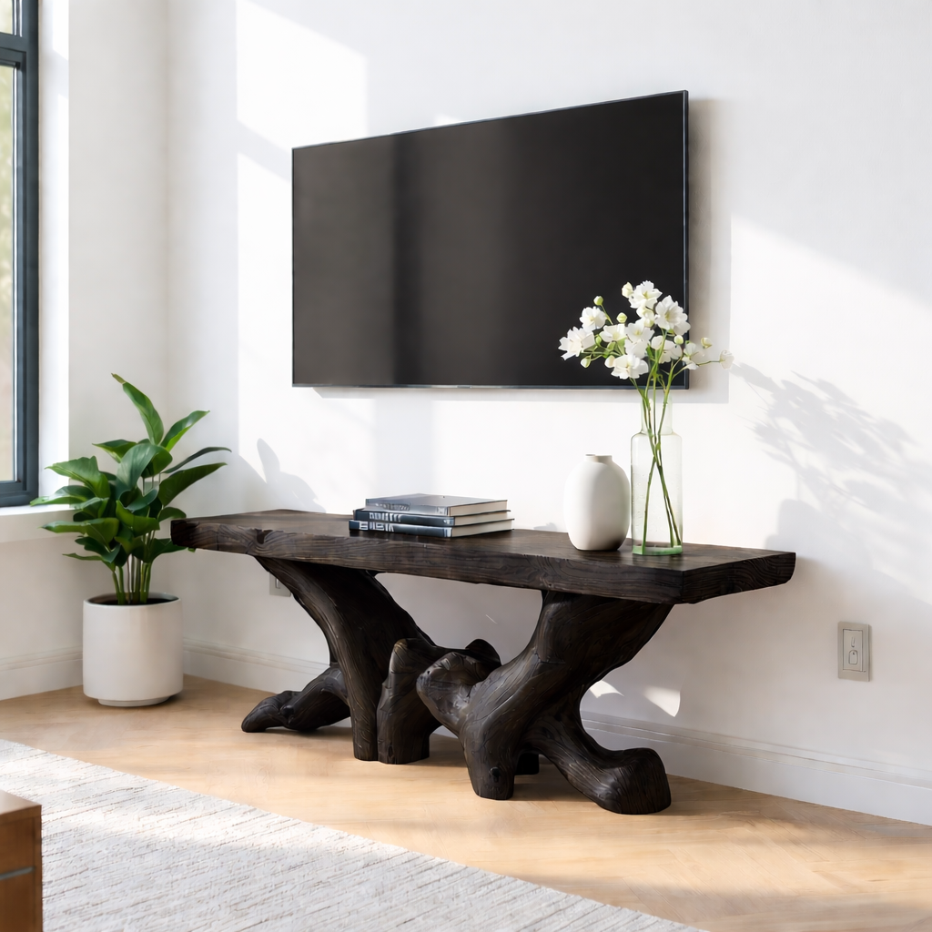 Rustic Solid Wood TV Stand Sculptural Media Console Natural Wood Entertainment Table