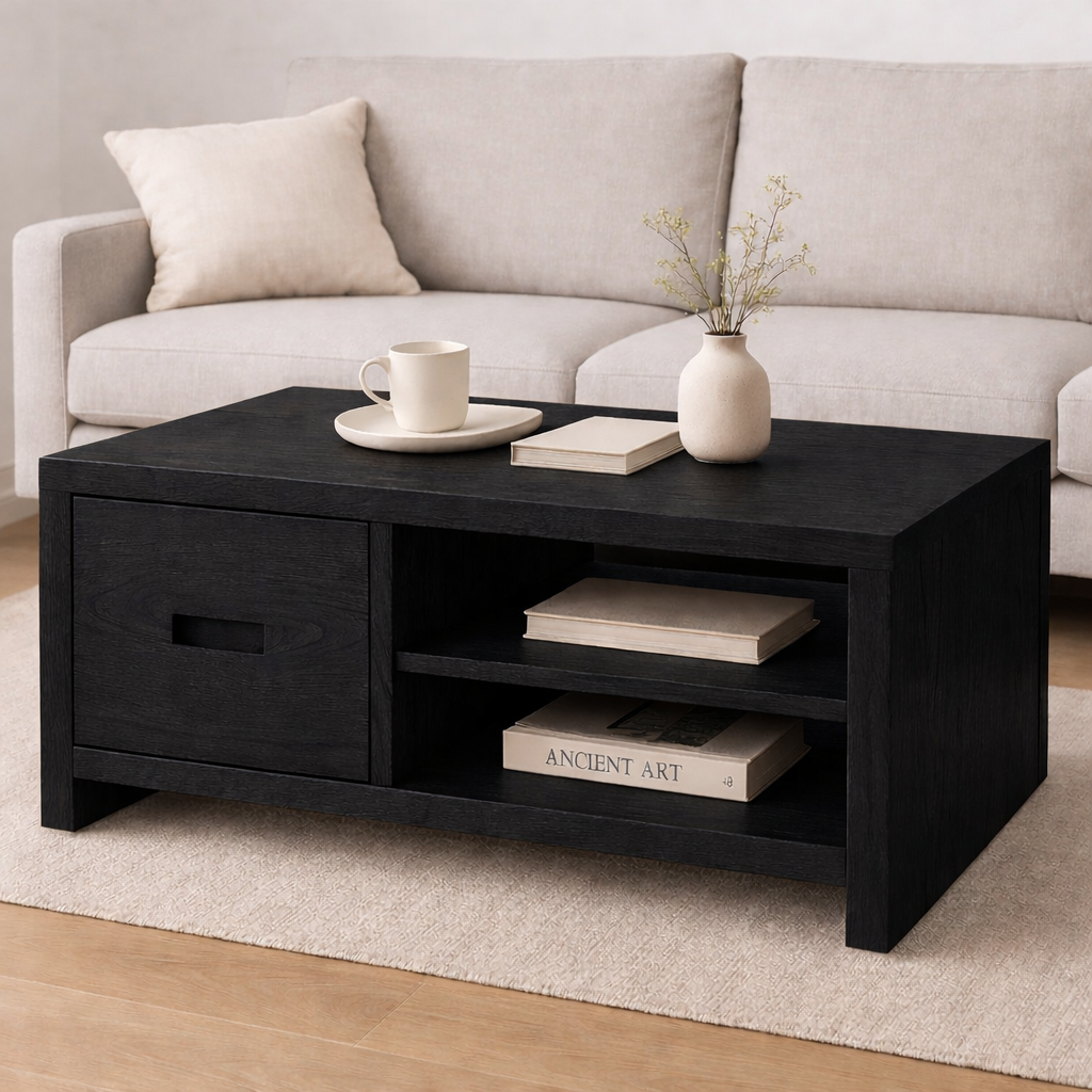 Solid Wood Coffee Table with Storage Drawer and Shelf – Modern Rustic Living Room Table