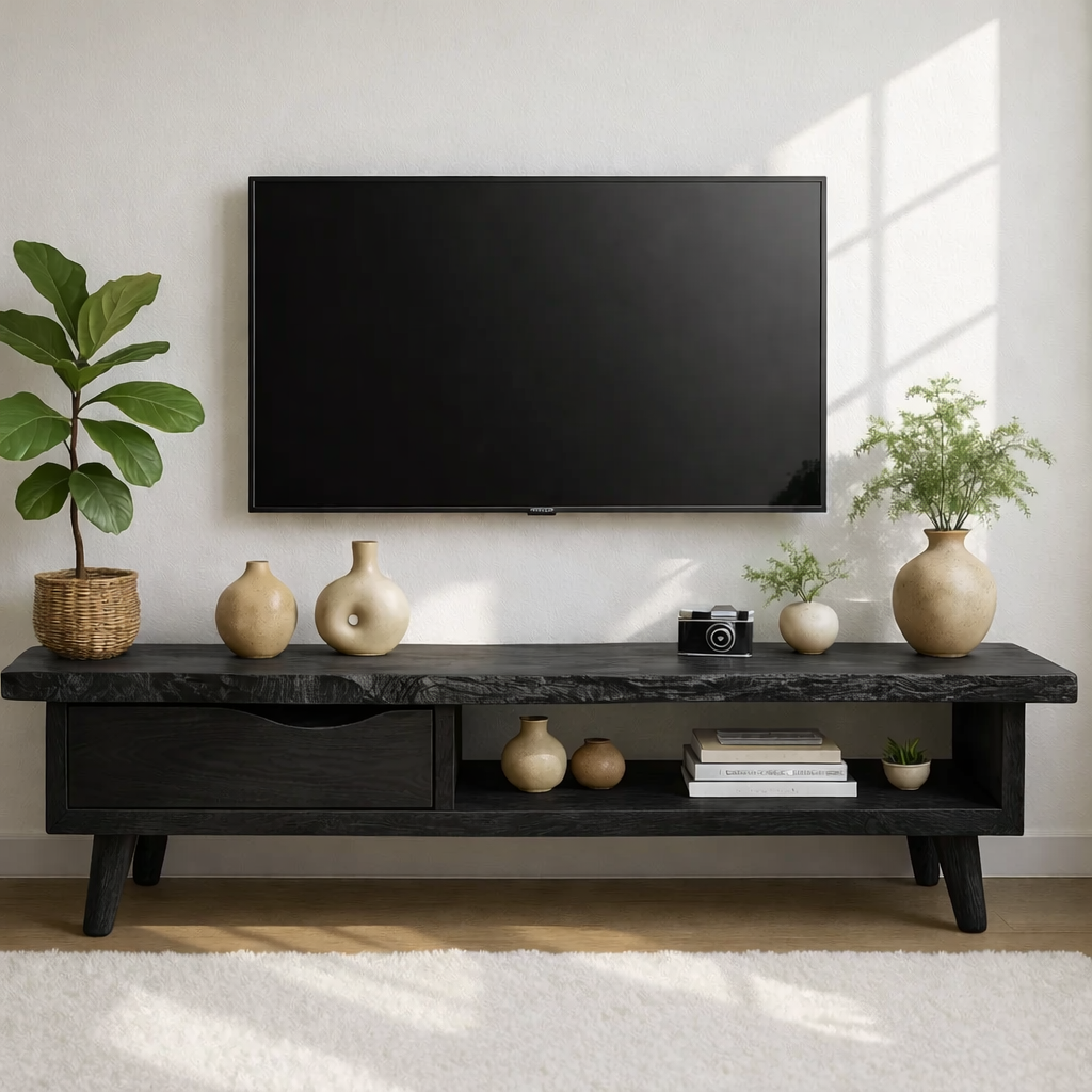 Handcrafted Solid Wood TV Stand with Drawer and Open Shelf, Mid Century Modern Media Console