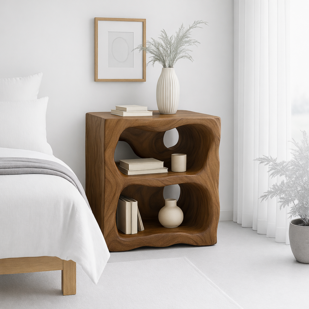 Modern Nightstand with Curved Shelves - Natural Oak Wood Design for Bedroom