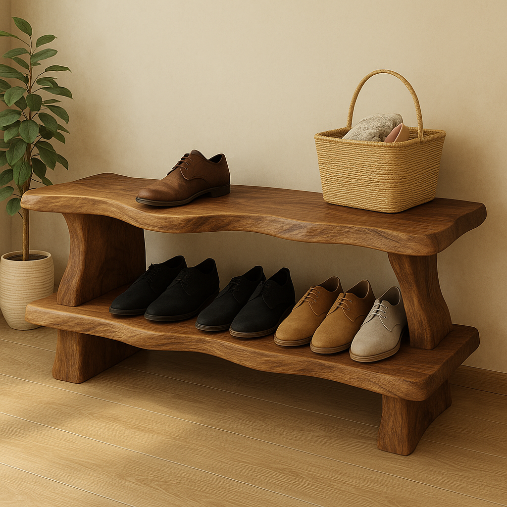 Rustic Wooden Shoe Storage Bench – Solid Wood Entryway Bench with Open Shelf