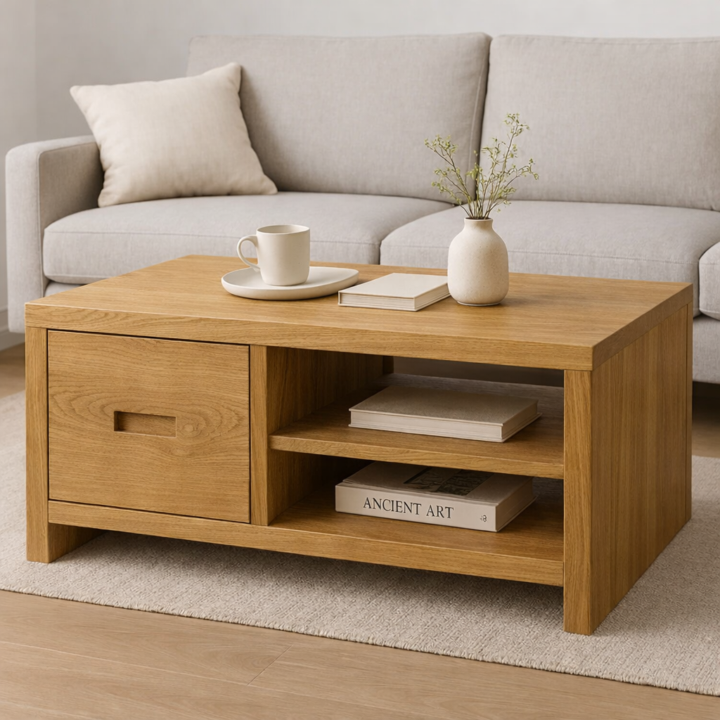 Solid Wood Coffee Table with Storage Drawer and Shelf – Modern Rustic Living Room Table