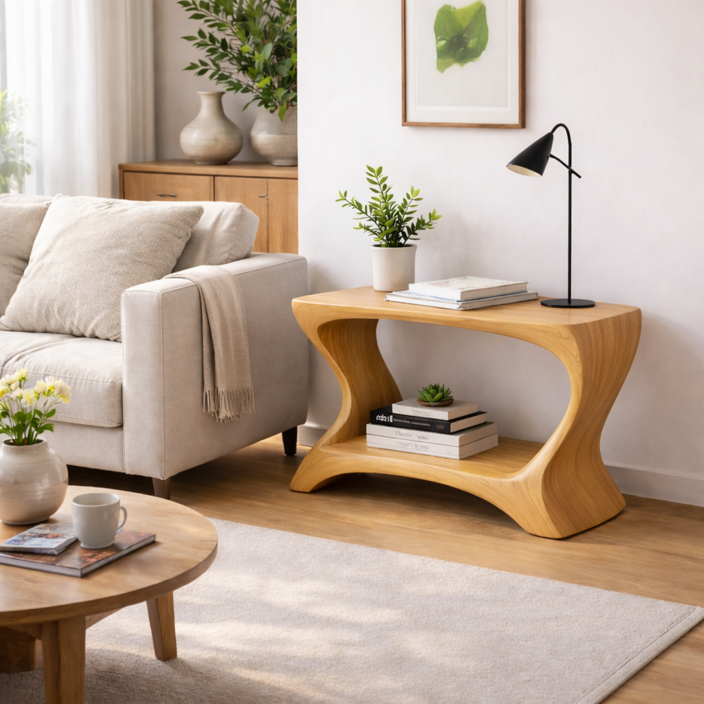 Modern Solid Wood End Table with Shelf – Curved Wooden Side Table for Living Room