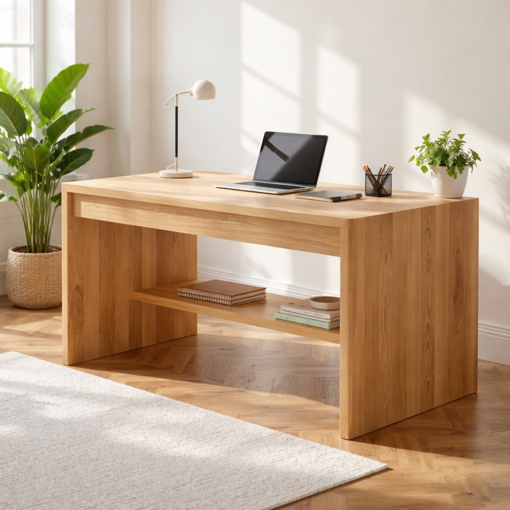 Solid Oak Work Desk with Open Shelf, Handmade Modern Wooden Writing Table