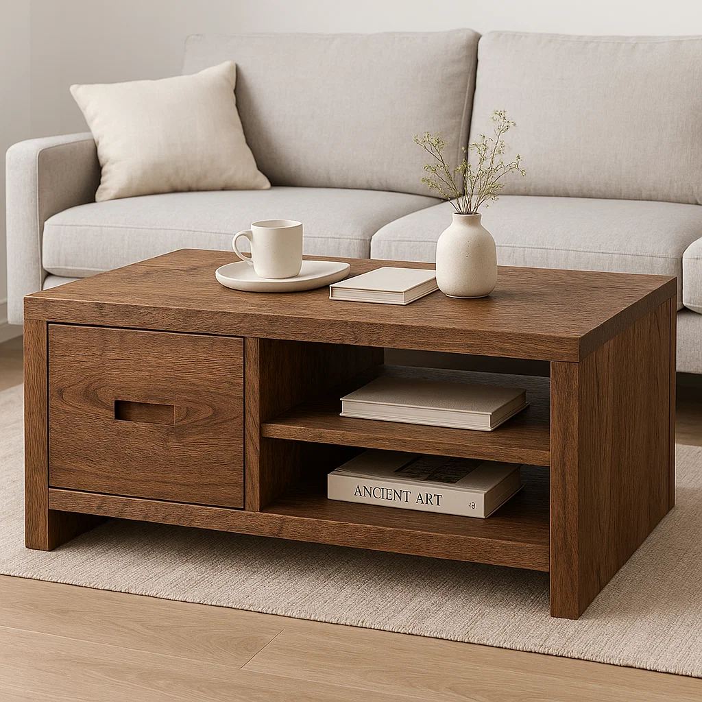 Solid Wood Coffee Table with Storage Drawer and Shelf – Modern Rustic Living Room Table