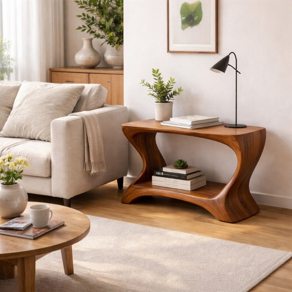 Modern Solid Wood End Table with Shelf – Curved Wooden Side Table for Living Room