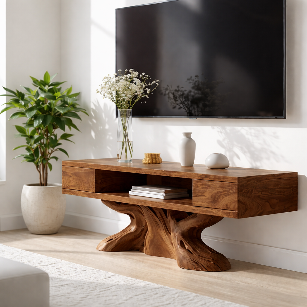 Rustic Solid Wood TV Stand Sculptural Base Media Console Modern Entertainment Center