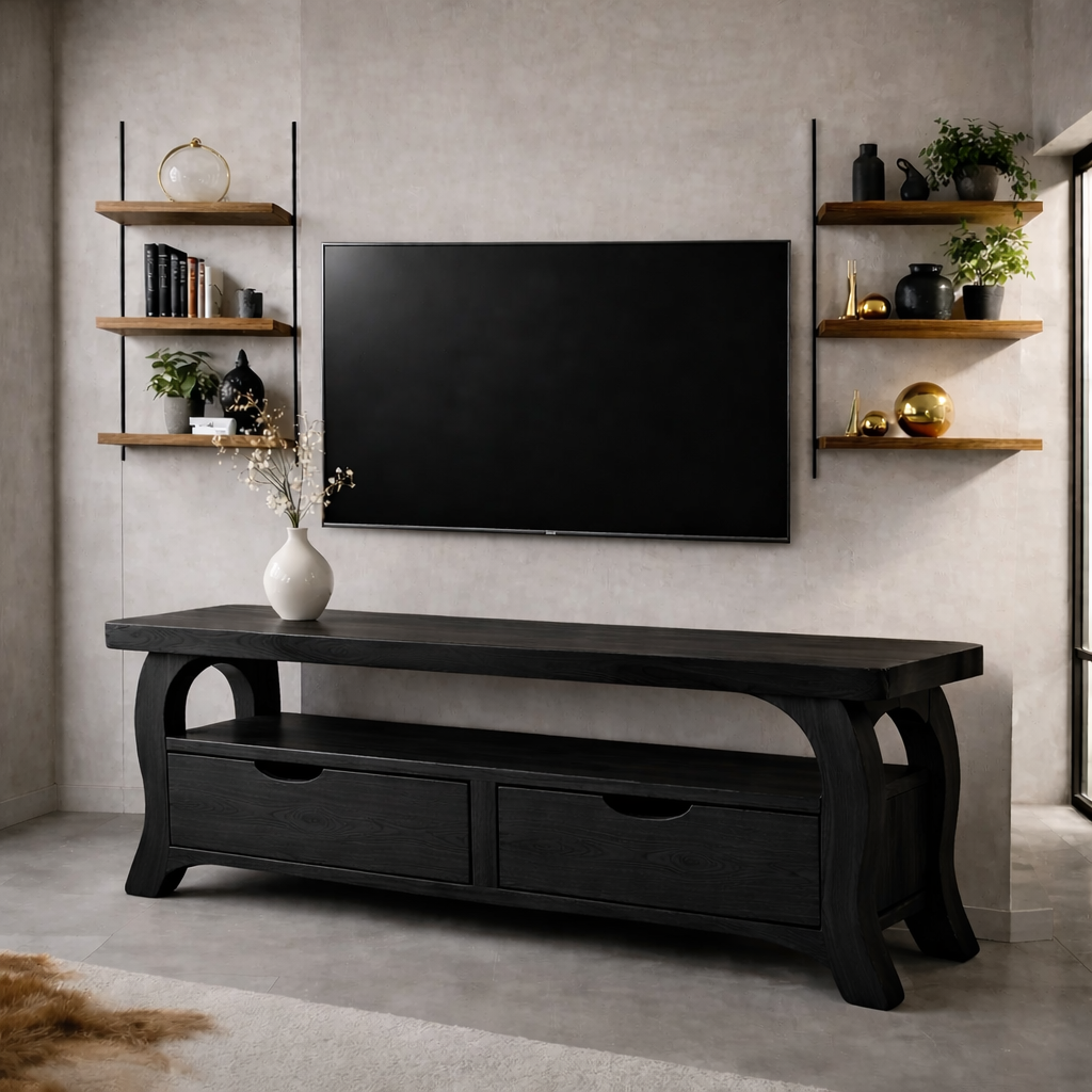 Modern Solid Wood TV Console with Storage Drawers – Wooden Media TV Stand