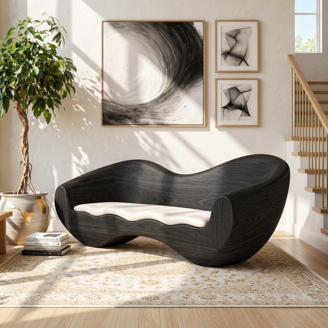 Modern Sculptural Curved Lounge Bench, Organic Minimalist Statement Furniture Piece