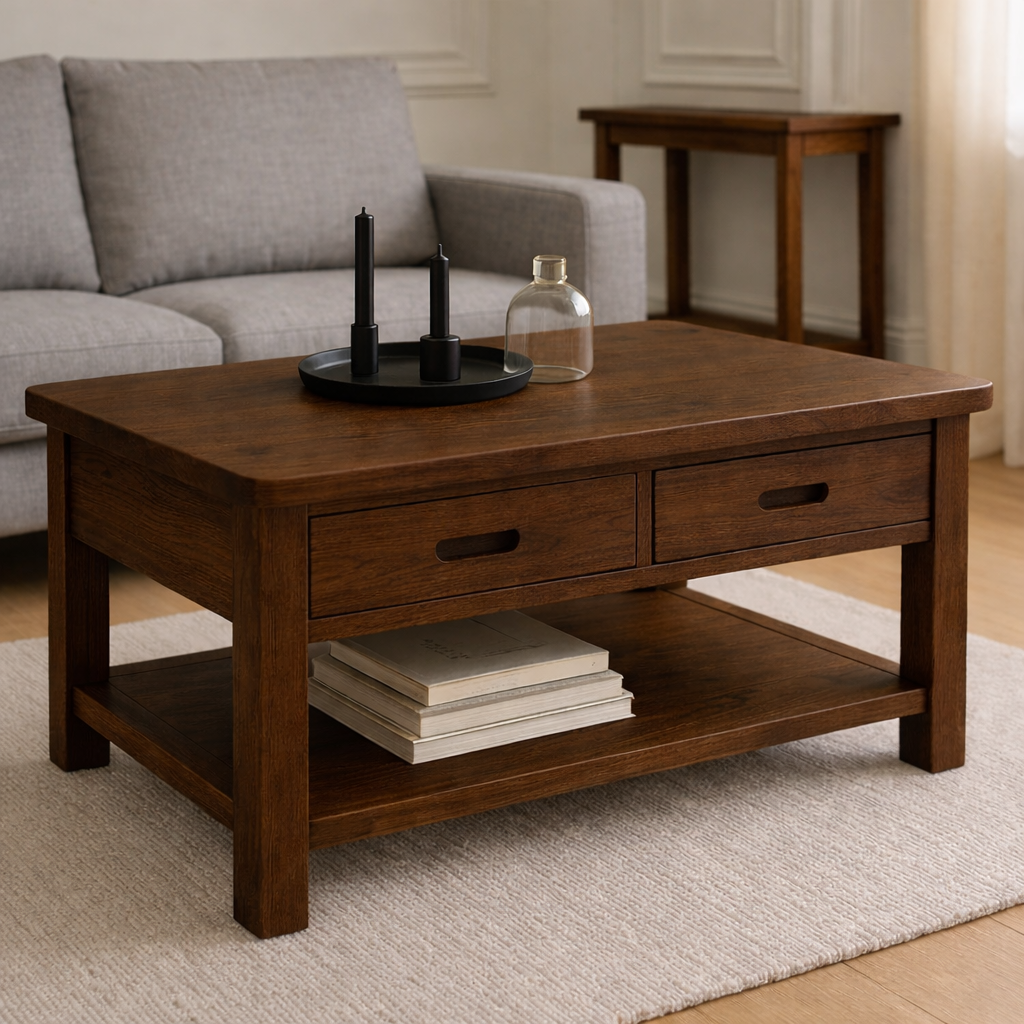 Solid Wood Coffee Table with 2 Drawers and Shelf – Modern Oak Living Room Coffee Table