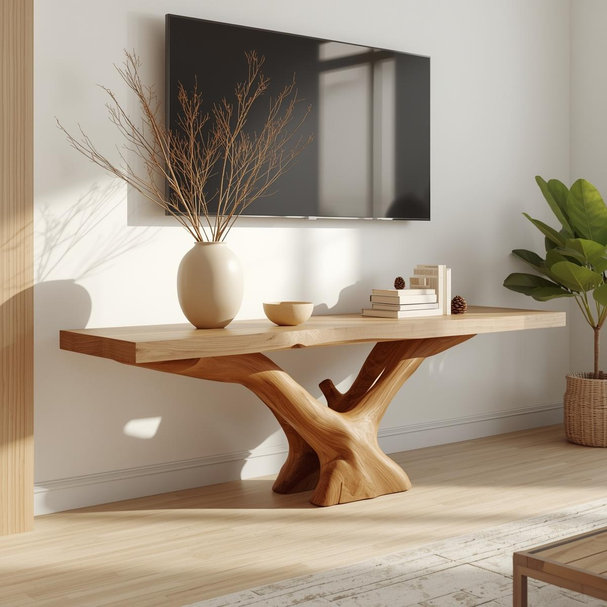 Rustic Solid Wood TV Stand Sculptural Base Media Console Modern Entertainment Table