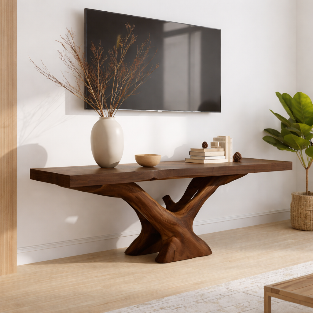 Rustic Solid Wood TV Stand Sculptural Base Media Console Modern Entertainment Table