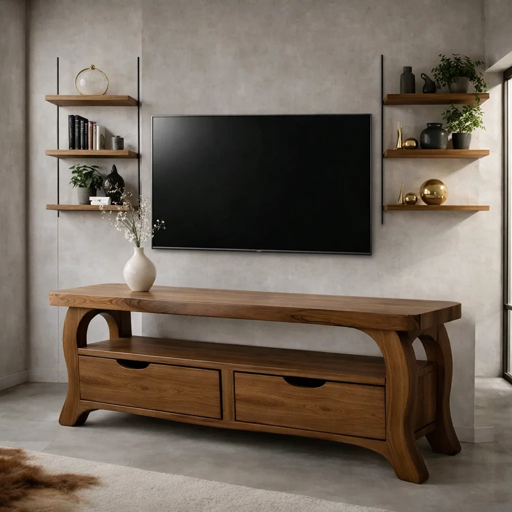 Modern Solid Wood TV Console with Storage Drawers – Wooden Media TV Stand