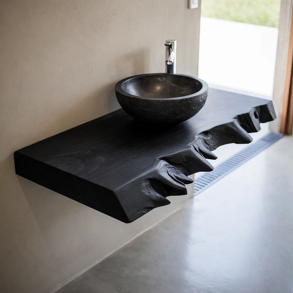 Live Edge Solid Wood Floating Bathroom Vanity – Rustic Wall Mounted Vanity Top