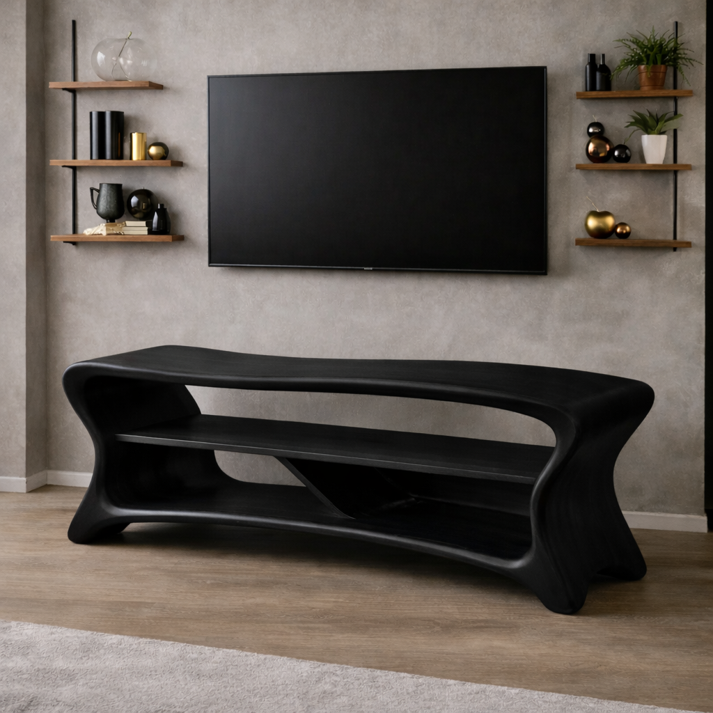 Sculptural Solid Wood TV Console – Modern Wooden Media Stand with Storage Shelf