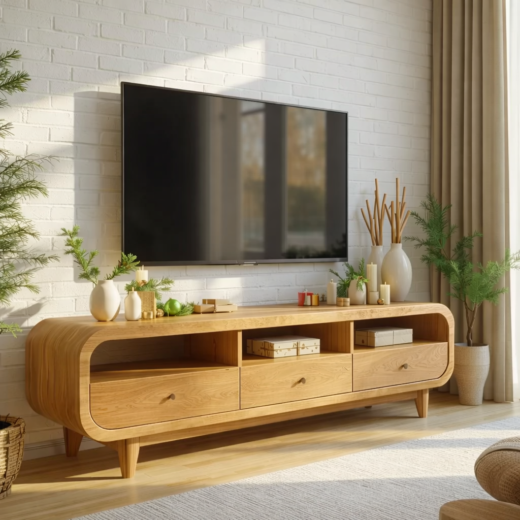 Mid Century Walnut TV Stand Solid Wood Media Console Modern Entertainment Center Cabinet