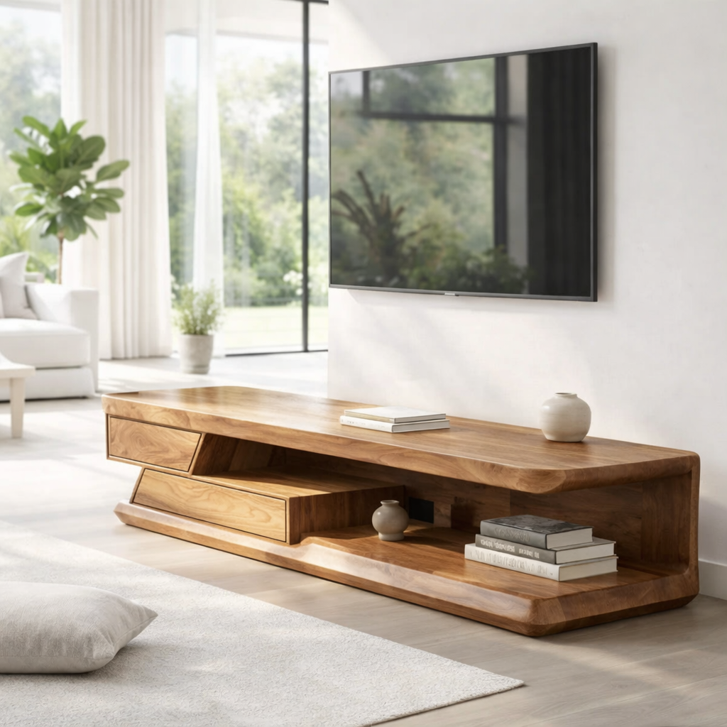 Solid Wood Media Console with Open Shelf & Drawer, Modern Low TV Stand