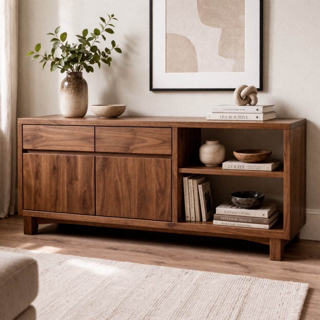 Solid Wood Console Cabinet with Drawers and Open Shelves