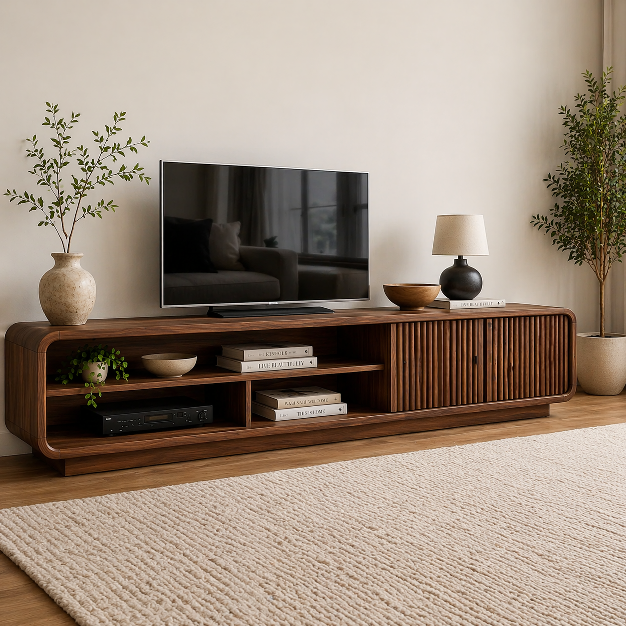 Mid Century Solid Wood TV Cabinet with Slatted Doors & Open Media Storage