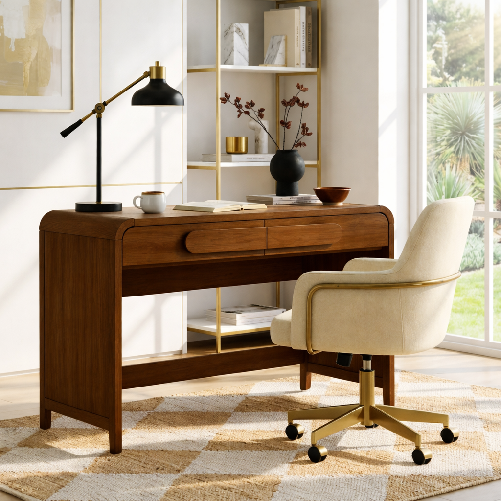 Modern Writing Desk with Storage Drawers and Open Shelf Home Office Desk