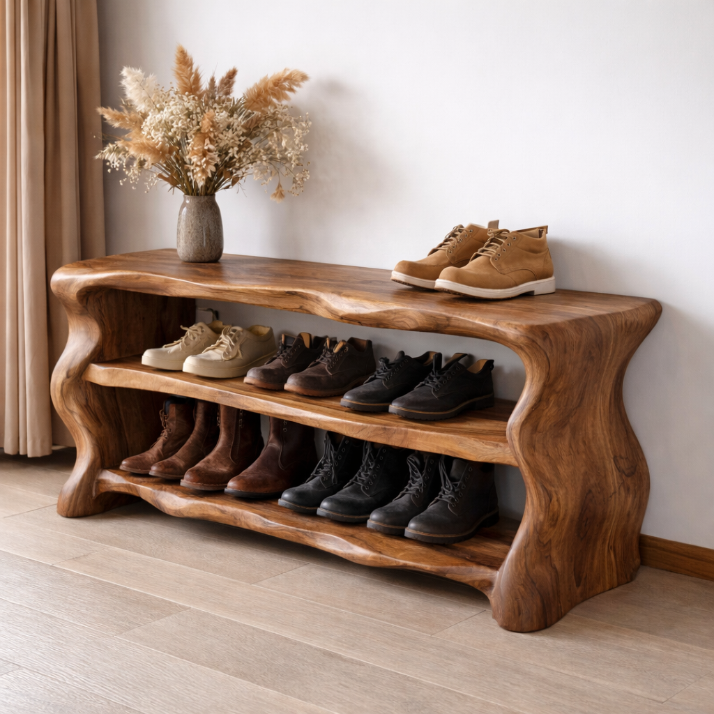 Solid Wood Entryway Bench with Shoe Storage – Rustic Live Edge Shoe Rack Bench