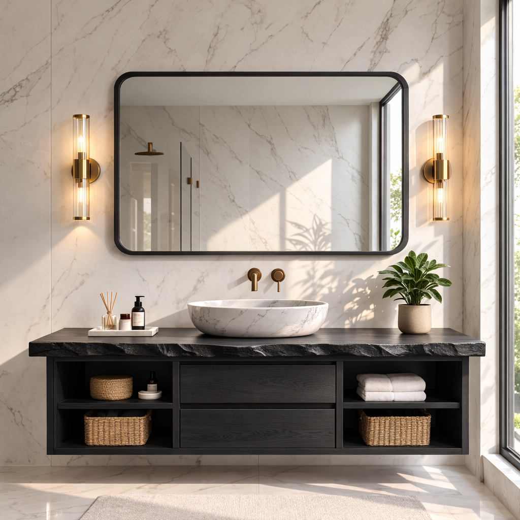 Floating Bathroom Vanity with Natural Wood and Modern Design, Spacious Storage