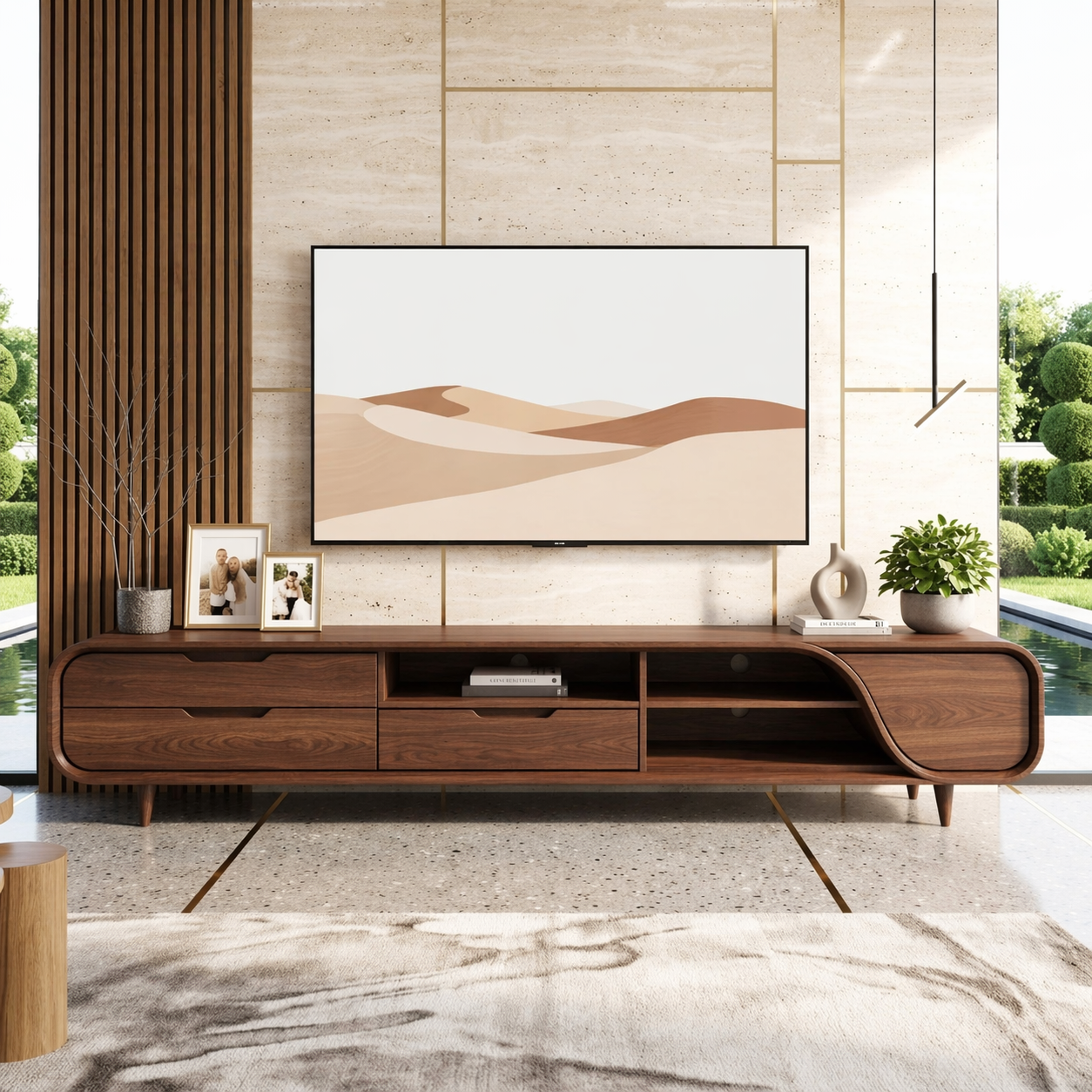 Modern Curved Entertainment Console, Sculptural Media Stand for Sophisticated Homes