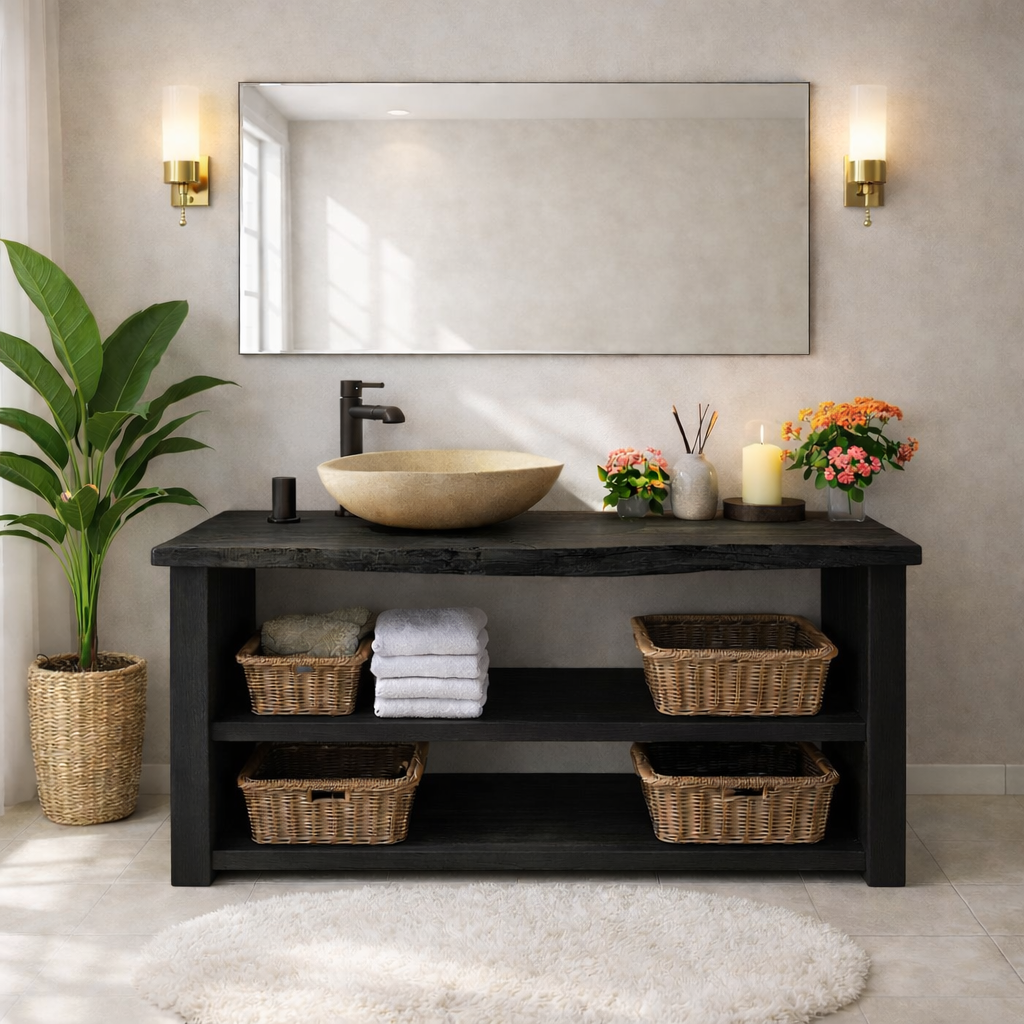 Rustic Wooden Bathroom Vanity with Open Shelves and Modern Faucet