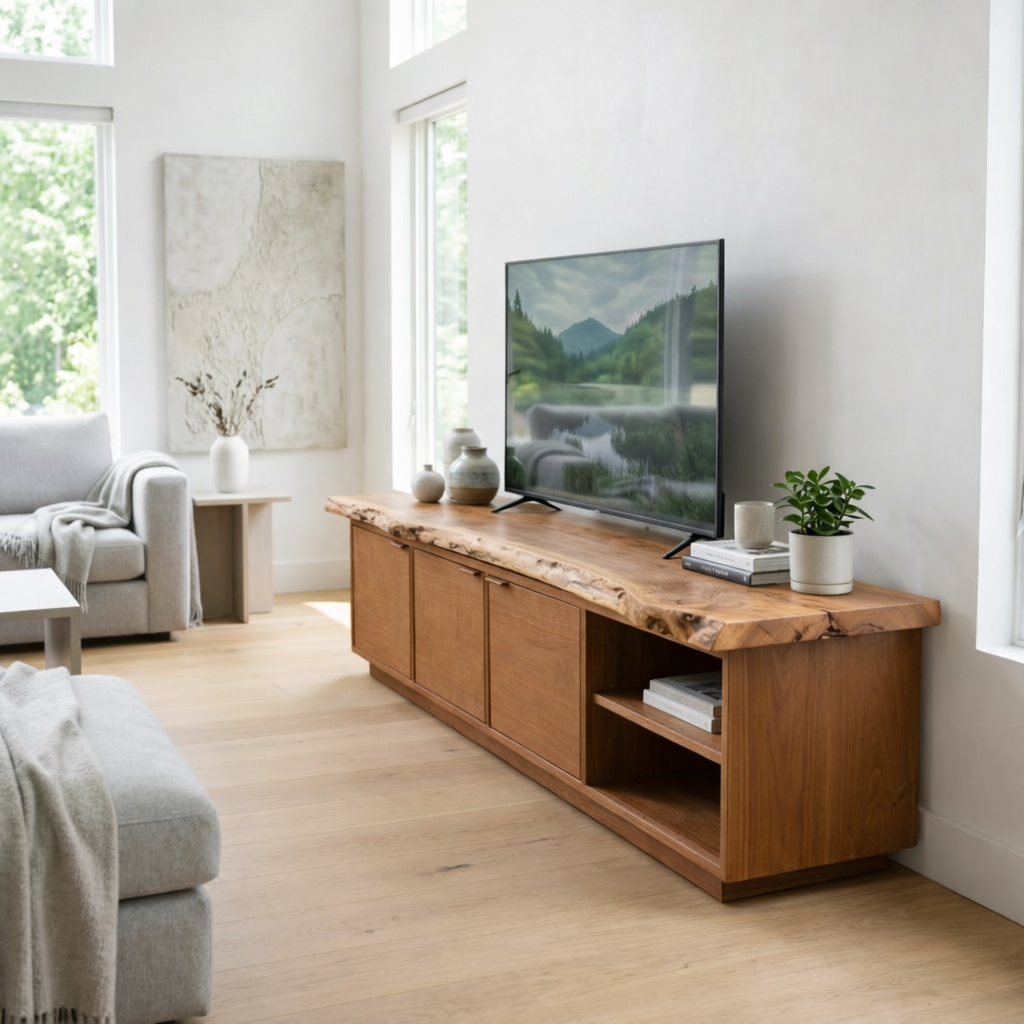 Live Edge Solid Wood Media Console – Modern TV Stand with Natural Storage