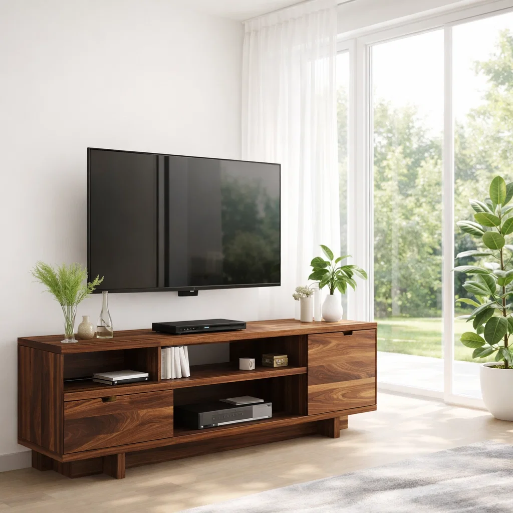 Solid Walnut TV Console with Storage & Open Shelves – Modern Media Unit