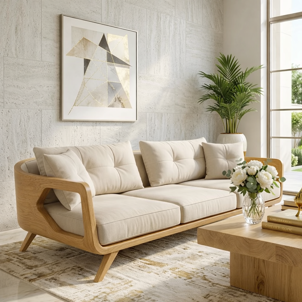 Modern Curved Solid Wood Sofa with Beige Tufted Cushions Luxury Scandi Couch