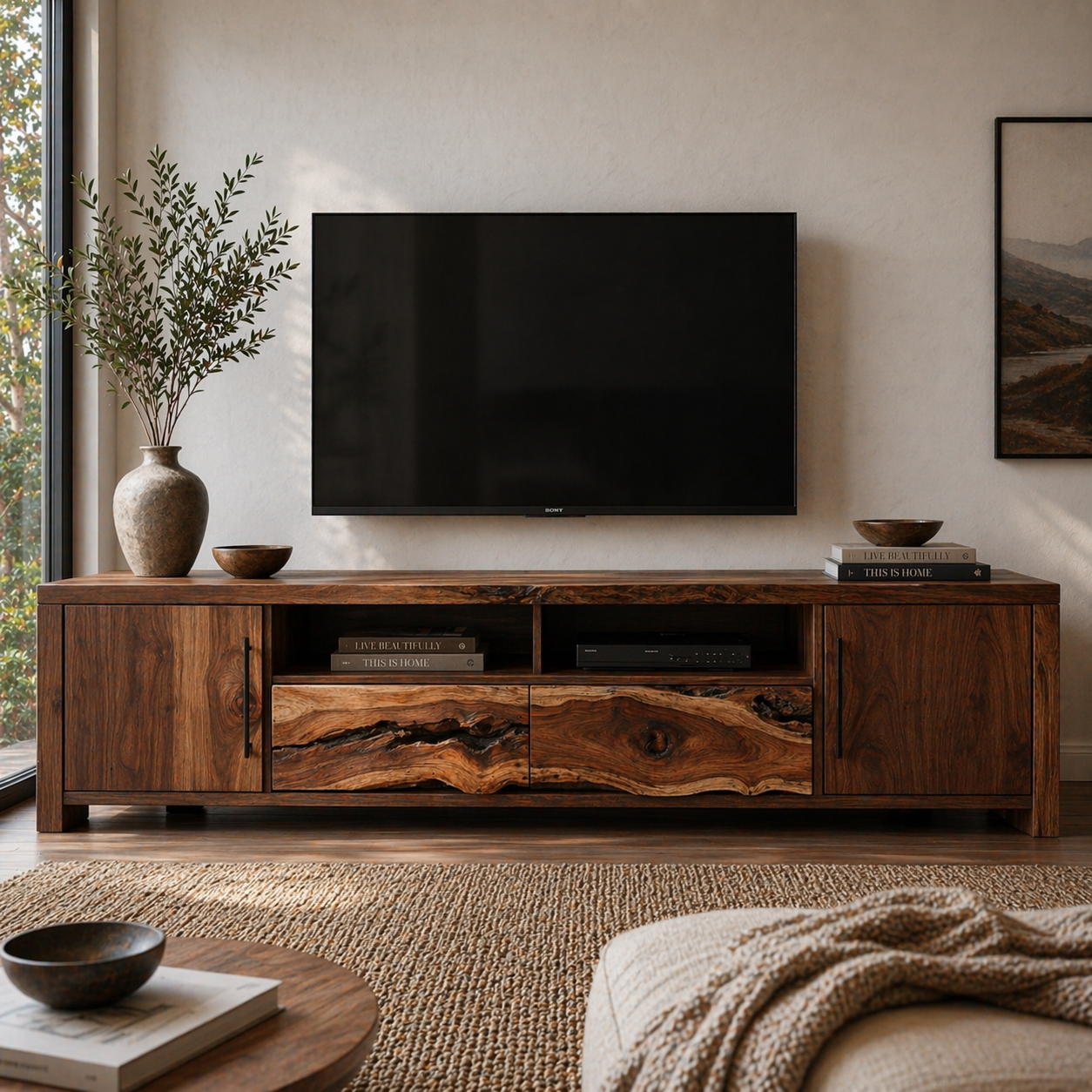 Solid Wood Media Console with Live Edge, Rustic Modern TV Stand with Storage Doors