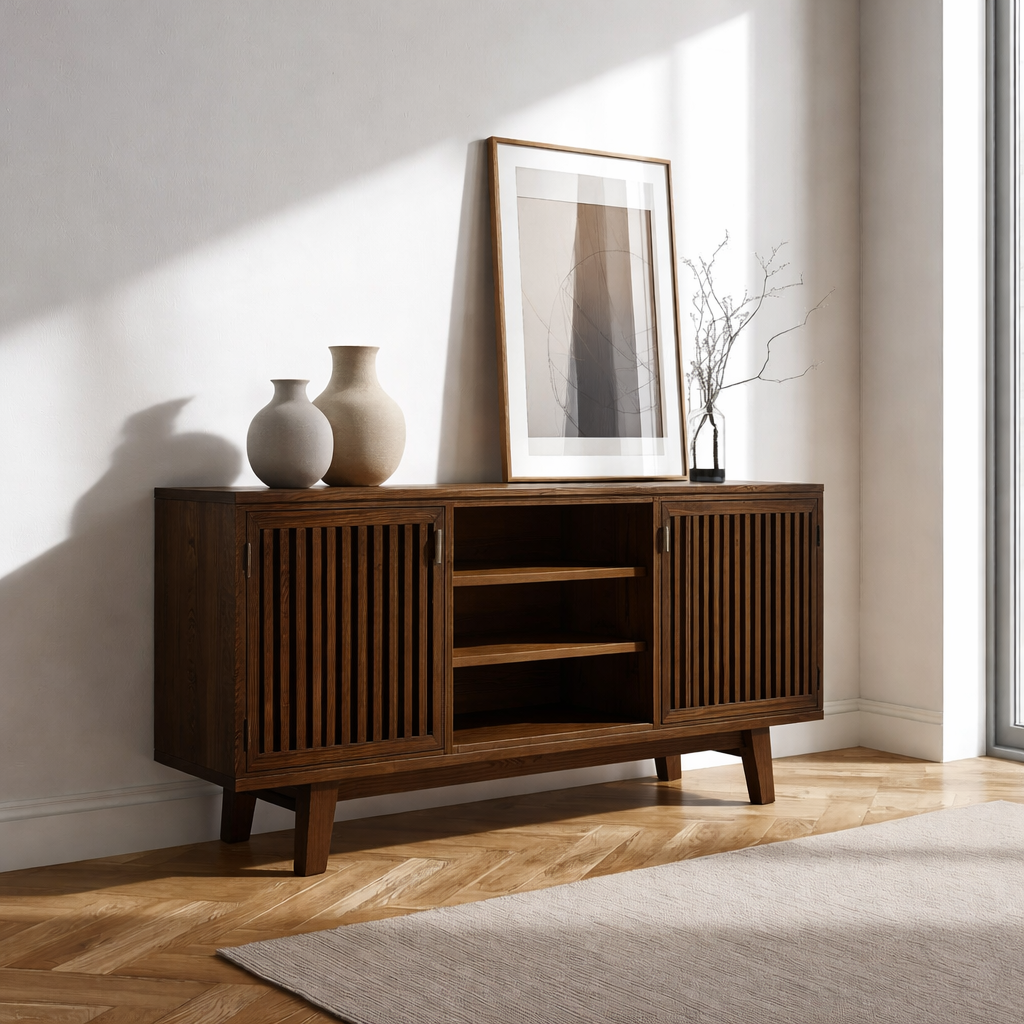 Modern Oak Console Cabinet with Vertical Slatted Doors – Stylish Storage for Living Room