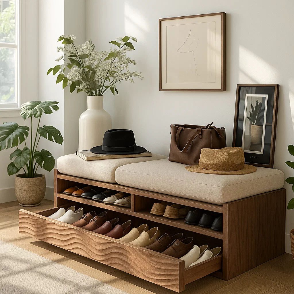 Solid Wood Entryway Bench with Storage Cubbies, Rustic Hallway Organizer Seat