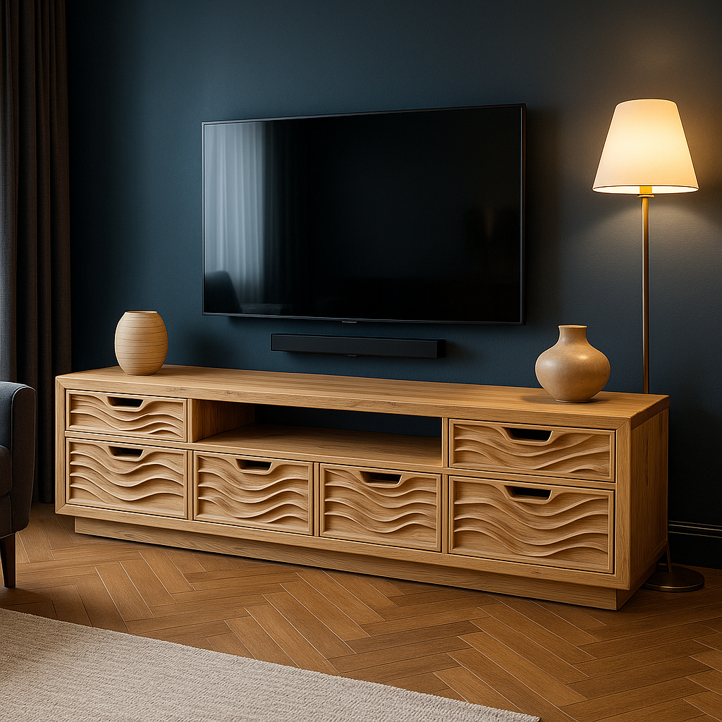 Solid Wood TV Stand Modern Oak Media Console with Wave Drawers and Storage