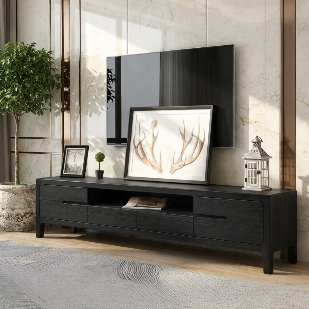 Solid Wood TV Stand with Drawers, Modern Low Profile Media Console Cabinet