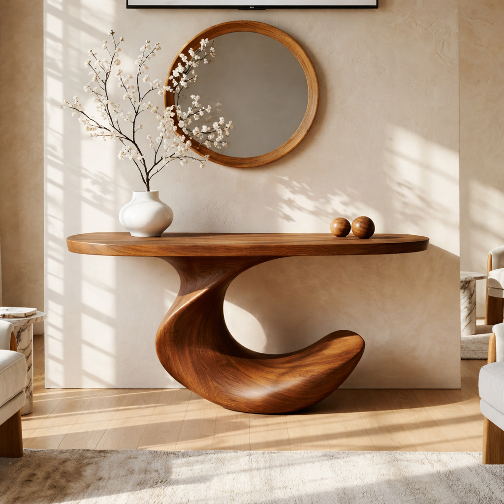 Solid Wood Console Table with Sculpted Curved Base, Modern Minimalist Design