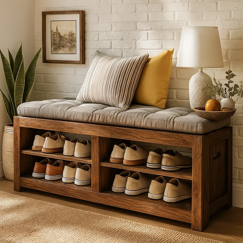 Solid Wood Entryway Bench with Shoe Storage Shelves, Rustic Hallway Organizer