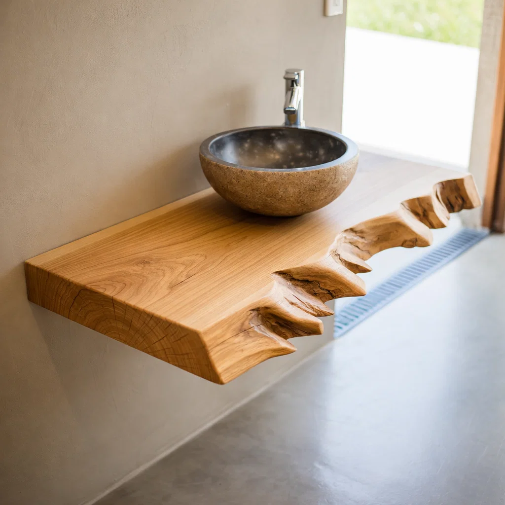 Live Edge Solid Wood Floating Bathroom Vanity – Rustic Wall Mounted Vanity Top
