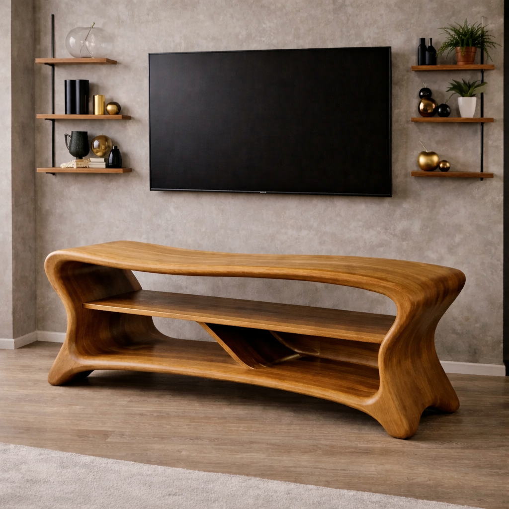 Sculptural Solid Wood TV Console – Modern Wooden Media Stand with Storage Shelf