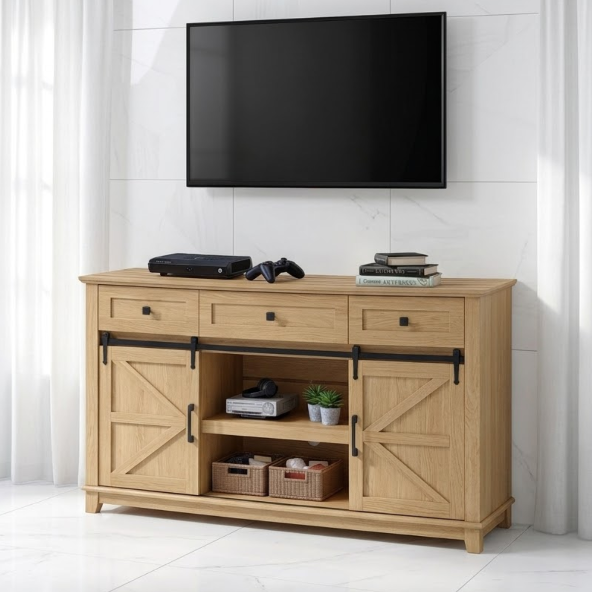 Solid Wood TV Stand with Sliding Barn Doors Drawers and Open Shelf