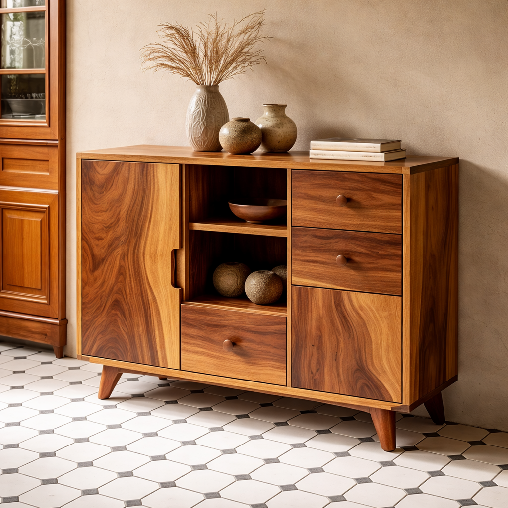 Solid Wood Console Cabinet | Mid-Century Modern Storage with Open Shelves