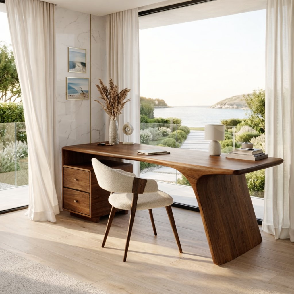 Modern Executive Writing Desk with Drawers and Shelf Home Office Work Table Design