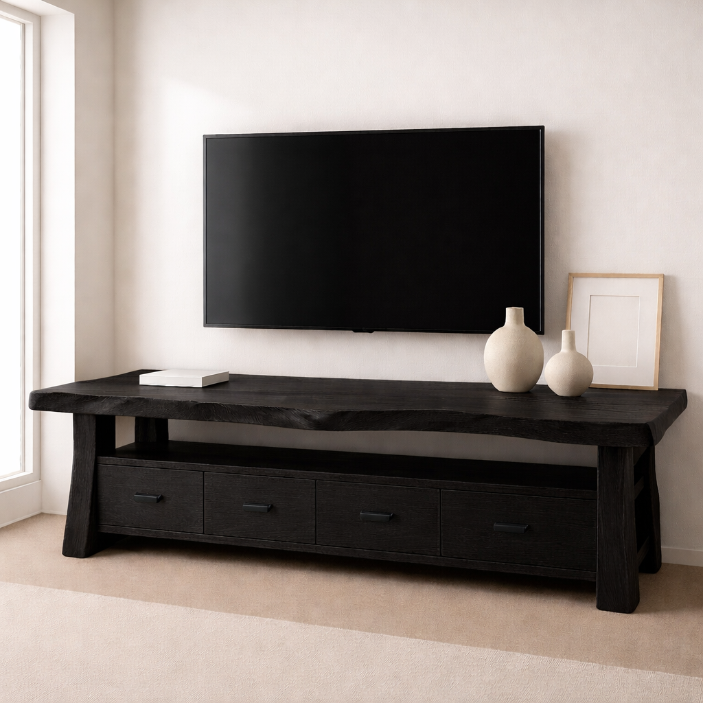 Solid Wood TV Stand with Drawers and Live Edge Top Rustic Entertainment Center