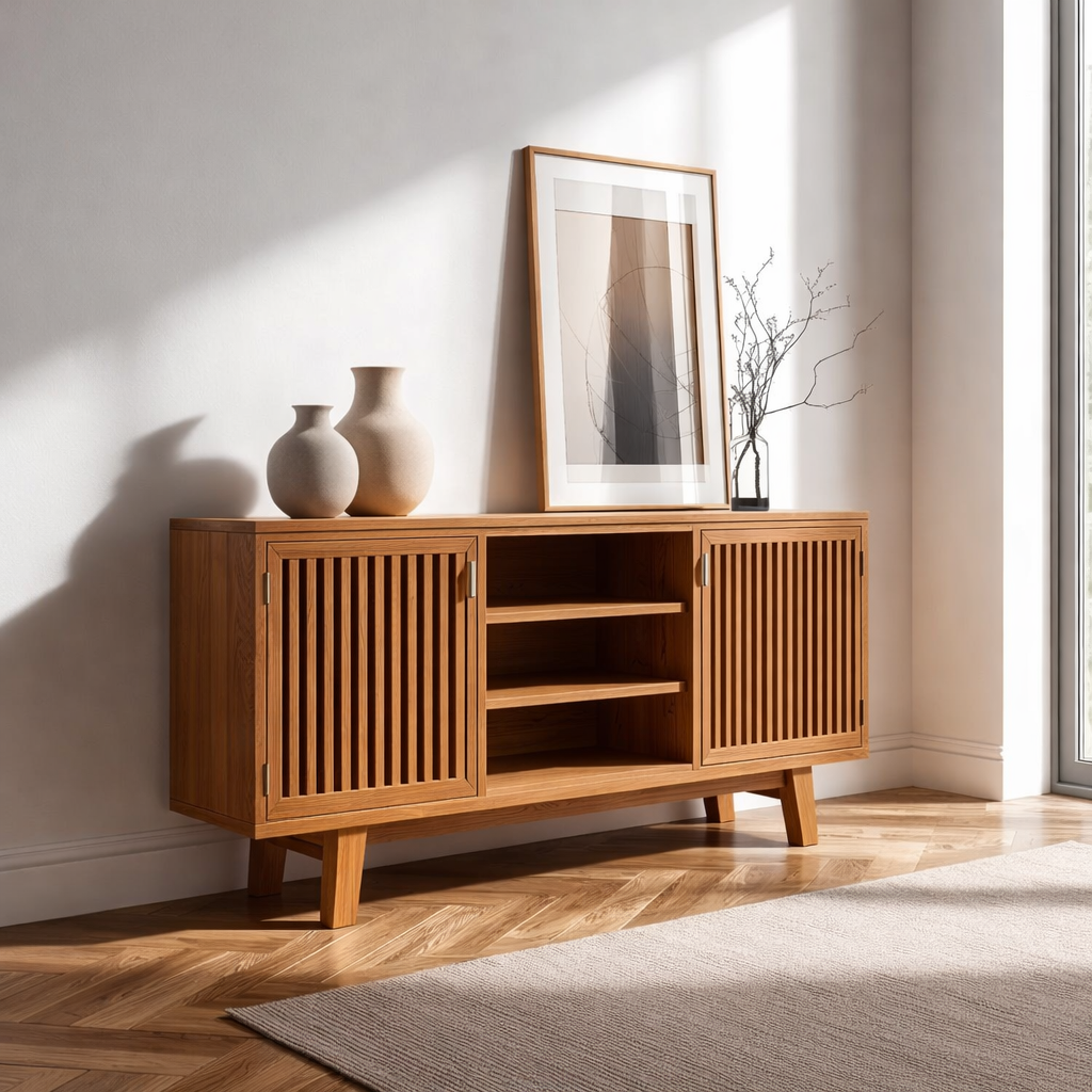Modern Oak Console Cabinet with Vertical Slatted Doors – Stylish Storage for Living Room