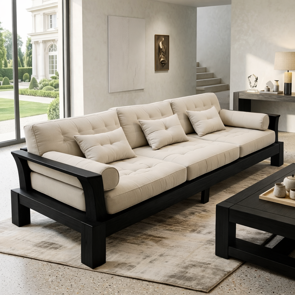 Large Solid Wood Sofa with Beige Tufted Cushions Modern Japandi Living Room Couch