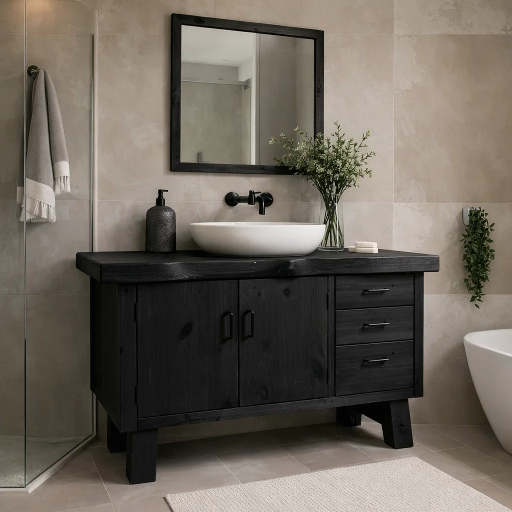 Rustic Solid Wood Bathroom Vanity Cabinet with Drawers & Doors