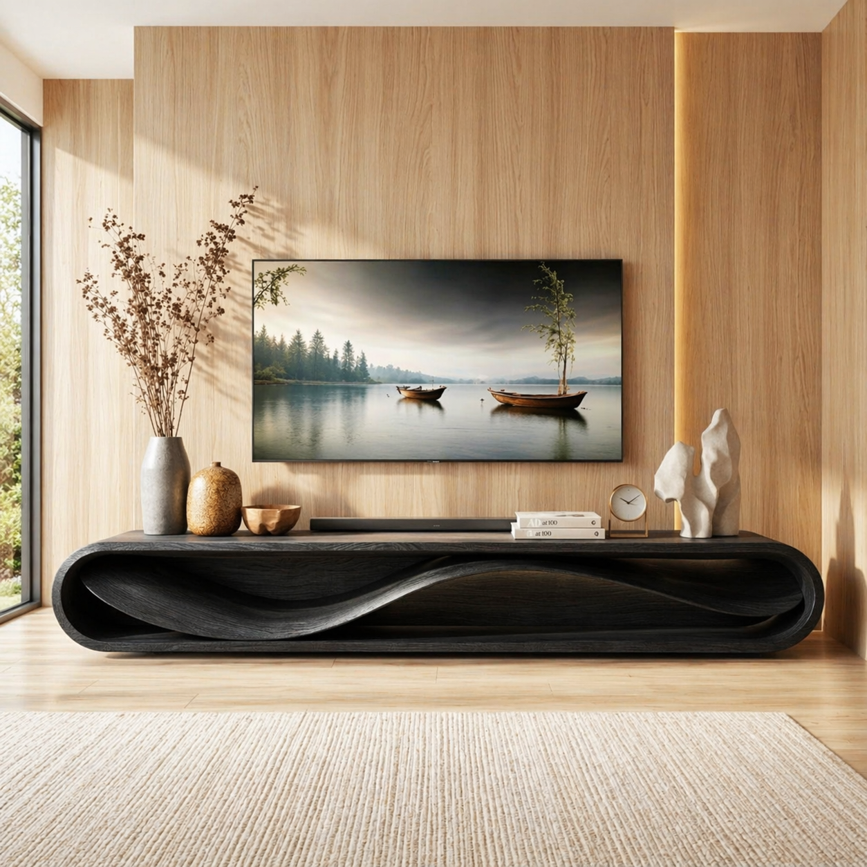 Modern Wave Television Console, Sculptural Entertainment Stand for Elegant Interiors